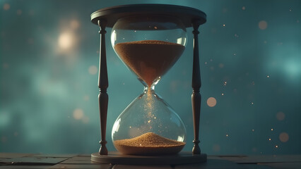 Fototapeta premium A mesmerizing hourglass portrait featuring falling sand against a dreamy bokeh background symbolizing the relentless passage of time and mortality of opportunities that pass by