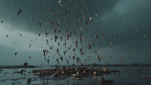 Mysterious key rain on a dark landscape symbolizing unlocking opportunities and solutions with a focus on finding answers and solving problems in an abstract concept
