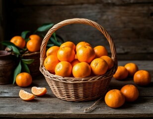 Rustic Basket of Tangerines on Wooden Table