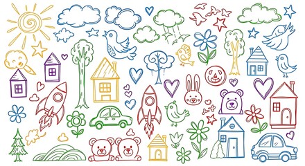 A colorful collection of hand drawn doodles featuring nature animals and objects