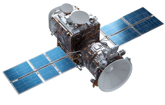 A damaged satellite with solar panels, on a transparent background