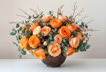 Fototapeta premium A vibrant floral arrangement of peach and orange roses, eucalyptus, and dried branches in a decorative bowl.