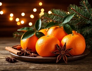 Cozy Christmas Still Life with Tangerines and Holiday Decor