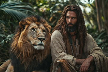 Jesus Christ standing beside a lion in lush jungle with long hair and beard