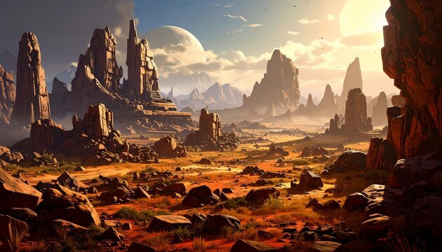 Arid Expanse: Monumental Rock Formations Under a Golden Sun