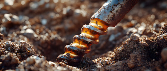 Closeup of a rusty auger drill bit digging into rocky soil outdoors Concept of geotechnical investigation, construction, and environmental engineering
