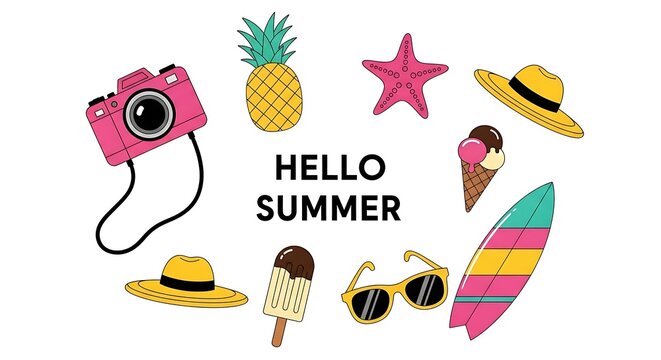Hello summer tropical beach vacation fun with pineapple ice cream camera and surfboard