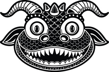 Monstrous face with decorative horns, teeth, and scales is depicted in black and white