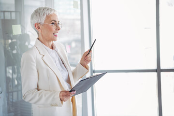 Confident senior businesswoman wearing formal attire presenting a professional concept indoors using a clipboard and pen