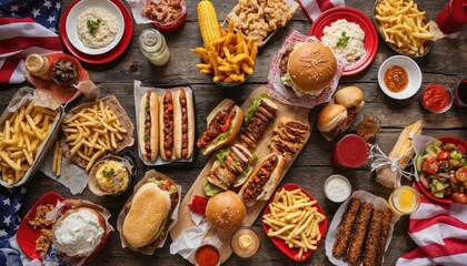 Festive assorted food spread on 4th of July table. American flag, hamburgers, hot dogs, fries, corn, salads, snacks, appetizers, sauces. Celebrating USA Independence Day with traditional patriotic