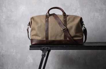 Stylish men travel bag made of canvas and leather. Bag stands on dark shelf against gray wall. It can be used for casual attire, business trip or weekend getaway. Expensive, modern, elegant accessory.