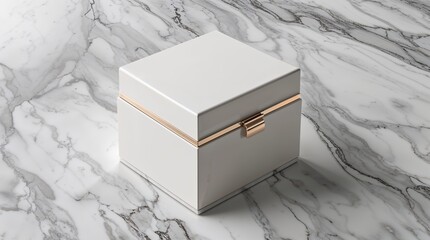 White box with gold trim sits on a marble countertop
