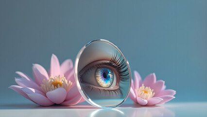 Intricate eye magnified by clear lens, surrounded by soft pink flowers in a serene aquatic backdrop capturing the essence of vision and beauty