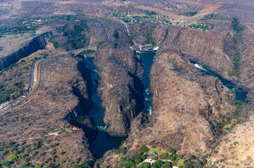 aerial view of Zambezi River at the valley near Victoria Falls in Zambia