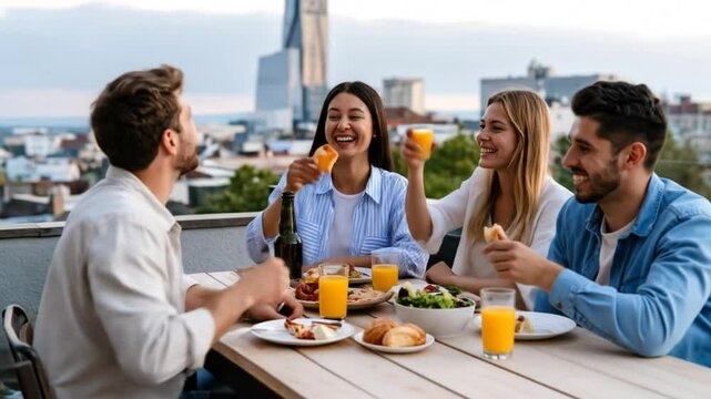 Four friends enjoying a meal outdoors on a rooftop patio, overlooking a city skyline.  They are laughing and toasting each other with drinks.  Food and drinks are on a light-colored wooden table