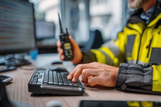 Cropped shot of mature male security guard with walkie-talkie in hand typing on computer keyboard and looking at screen by workplace