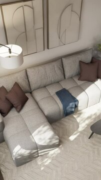 Living room interior in light warm colors, on a sunny day. 3D render	