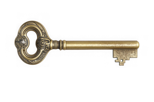 Antique brass key vintage style golden key old fashioned key ornate design detailed key isolated on transparent background - Powered by Adobe