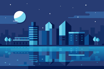 Vector silhouette cityscape with illuminated buildings under a dark night sky and stars