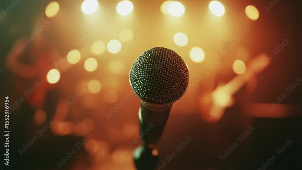 Poster A microphone with lights in the background for a recording studio or live performance setup