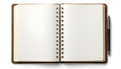 Open spiral notebook with blank pages and a pen, perfect for journaling, note-taking, or creative writing projects.