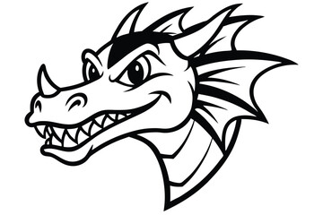 Bold cartoon dragon head shows pointy teeth, horns, and frills in a monochrome line art