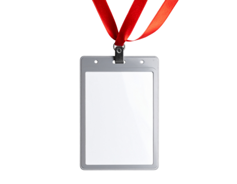  Close-up of empty ID card hanging from red satin ribbon, isolated on transparent background PNG