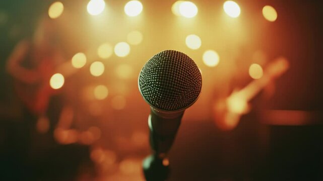A microphone with lights in the background for a recording studio or live performance setup