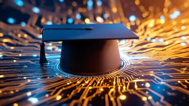 Futuristic graduation cap with digital circuit background. Modern technology concept for educational degree achievement. 4k video - Powered by Adobe