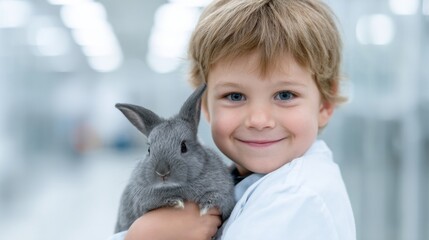 Naklejka premium A happy child smiles while holding a fluffy rabbit in a bright, modern environment. This charming image captures the joy of friendship and caring for animals. 