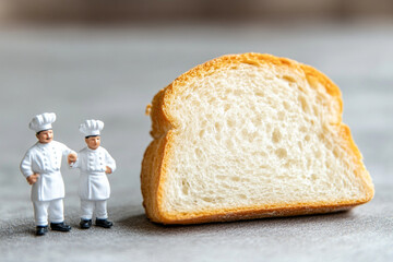 Miniature chefs creating culinary chaos on a slice of bread