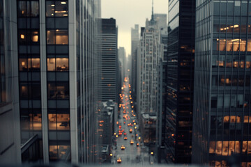 Miniature cityscape showcasing skyscrapers and busy streets at dusk