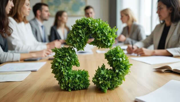 Team discusses sustainability policy with recycle, reduce, reuse symbol in conference room. Organization environmentally conscious, progressive. Meeting involves brainstorming, collaboration,