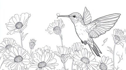 Obraz premium Black and white hummingbird feeding on flower. Nature illustration. Possible use Coloring book, educational material