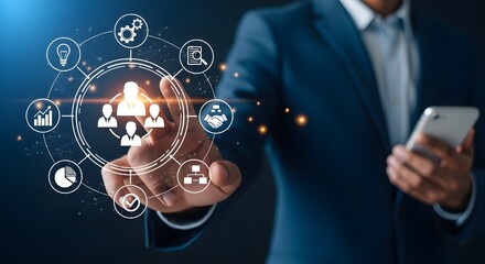 Businessman managing human resources technology network interface with digital icons and corporate connections
