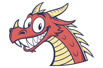 Playful red dragon with big eyes and sharp teeth smiles widely in the frame