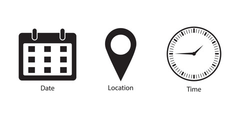 Fototapeta premium Time date address icons set. Address location icon. Stopwatch timer icon. Date Calendar icon. Black line and flat web icons.