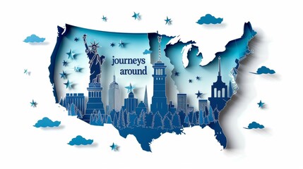 Artistic paper cut map of the United States with iconic landmarks and symbols