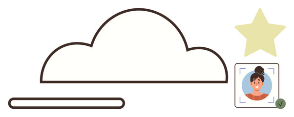Cloud outline with a user profile framed by a rectangle, a verification checkmark, a yellow star, and a progress bar. Ideal for security, data storage, user profiles, ratings, identity checks web