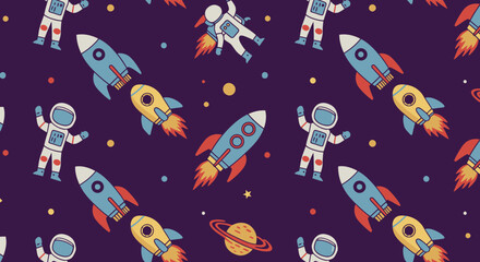 Cartoon Style Space Adventure Seamless Pattern with Astronaut and Rocket