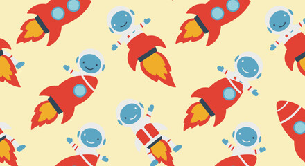 Cartoon Style Spaceman And Rocket Ship Repeating Seamless Pattern