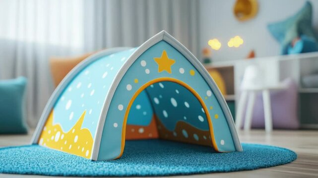 A small toy tent sitting on top of a blue rug, perfect for a child's play area or as a decorative item