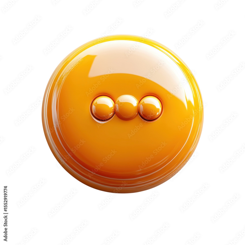 Poster shiny orange circle with three smaller circles button icon action item on transparent background