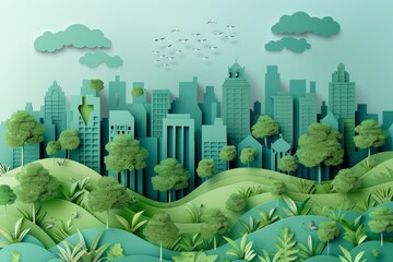 Simplified paper art style cityscape with buildings, trees, and birds in green tones
