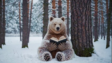 A whimsical bear sits on snowy ground in a winter forest, deeply engaged in reading a book before looking up.