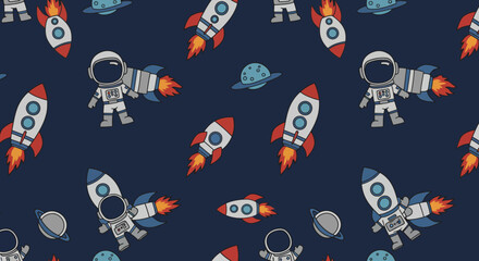 Cute Handdrawn Spaceman Spaceship and Planet Seamless Pattern on Dark Blue Background