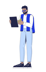 Bearded casual black man holding digital tablet and stylus 2D cartoon character. Professional male with sweater draped over shoulders flat vector person isolated on white. Spot illustration colorful