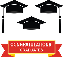 A Congratulations Graduates Graphic Featuring Three Graduation Caps and a Red and Yellow Ribbon with the Words Congratulations Graduates in White Text on a White