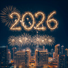 A vibrant explosion of colorful fireworks lights up the night sky over a festive city, celebrating the New Year