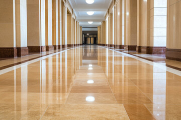 Symmetrical marble hallway with polished architectural reflections